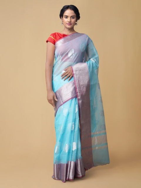 

Unnati Silks Blue Checked Banarasi Saree