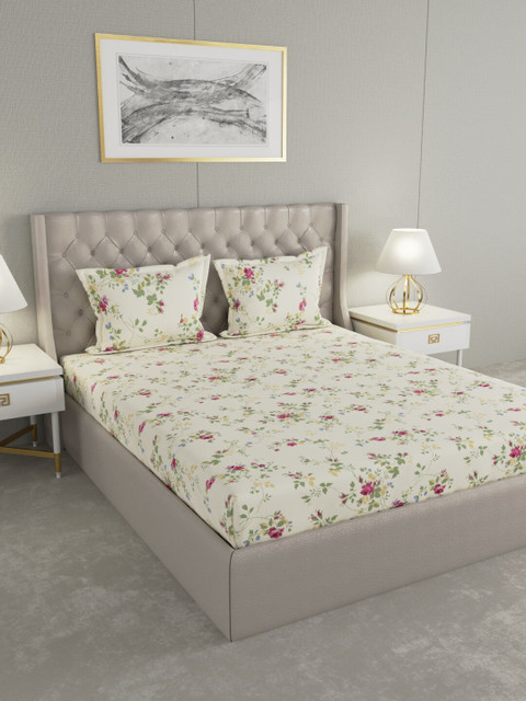 

Raymond Home Cream-Coloured & Red Floral Printed 104 TC Cotton Double Queen Bedsheet With 2 Pillow Covers