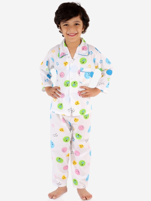 

KID1 Boys White & Blue Printed Night Suit