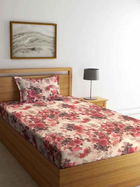 

KLOTTHE Pink & Cream Coloured Floral 210 TC 1 Single Bedsheet With 1 Pillow Cover