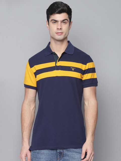 

GANT Men Navy Blue & Yellow Colorblocked Polo Collar T-shirt