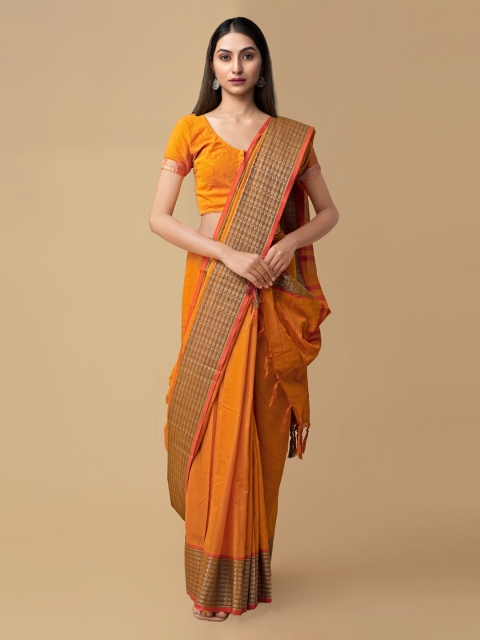 

Unnati Silks Orange Pure Cotton Solid Handloom Narayan Peth Saree