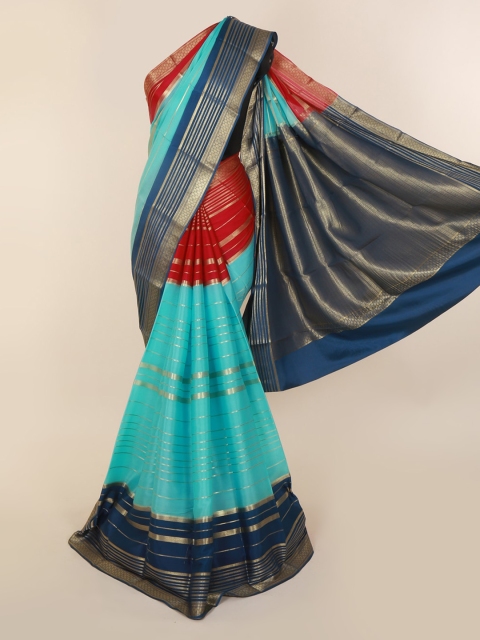 Pothys Blue & Red Pure Silk Striped Saree