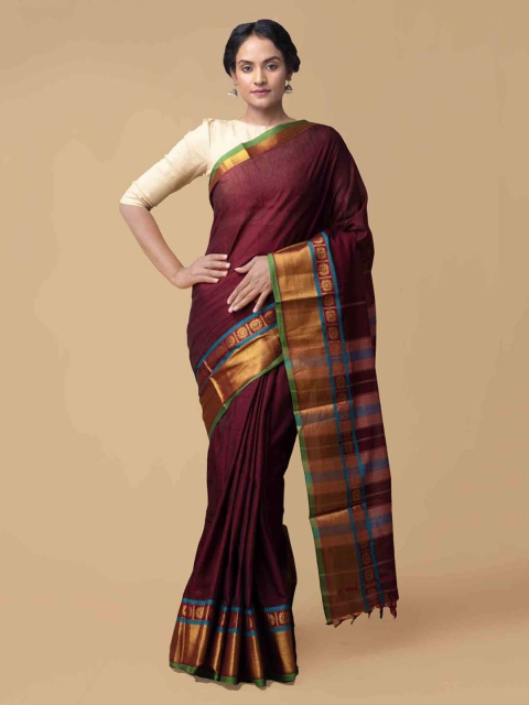 

Unnati Silks Maroon Pure Cotton Solid Narayan Peth Saree