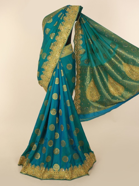 

Pothys Blue & Gold-Toned Pure Silk Woven Design Banarasi Saree