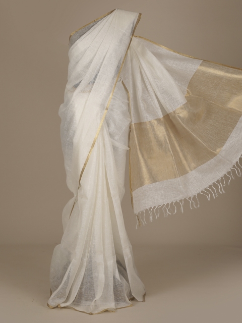 

Pothys White Solid Pure Linen Saree