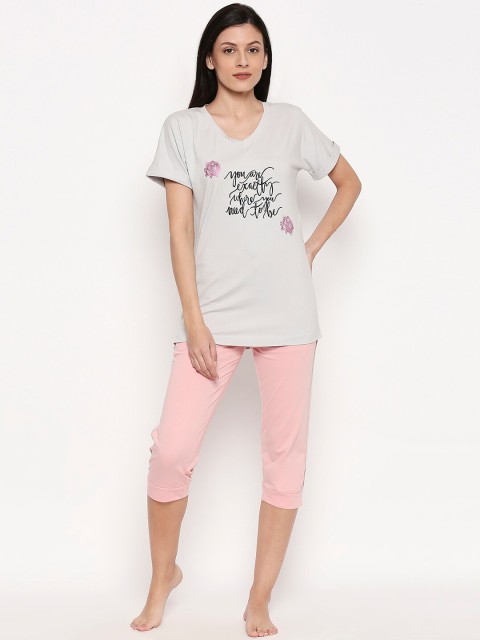 

XIN Women Grey & Pink Solid Night Suit