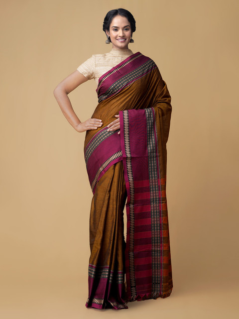 

Unnati Silks Brown Pure Cotton Solid Handloom Narayan Peth Saree