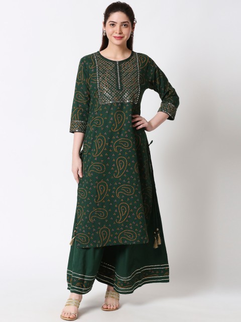 

ZRI Women Green Bandhani Printed & Embellished Kurta with Palazzos