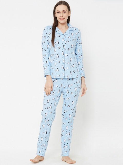 

Sweet Dreams Women Blue & White Printed Pure Cotton Night Suit