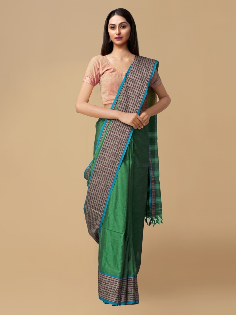 

Unnati Silks Green Pure Cotton Striped Handloom Narayan Peth Saree