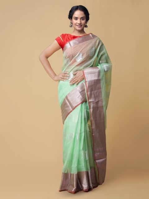 

Unnati Silks Green Silk Cotton Printed Banarasi Saree