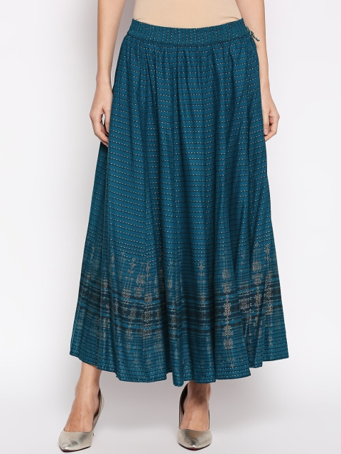 

AKKRITI BY PANTALOONS Women Teal Blue & Black Striped A-Line Maxi Skirt