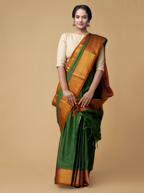 

Unnati Silks Green Pure Cotton Solid Handloom Narayan Peth Saree