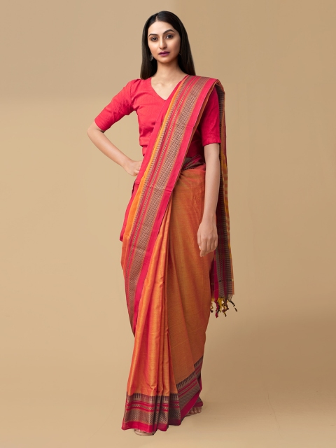 

Unnati Silks Orange Pure Cotton Solid Handloom Narayan Peth Saree