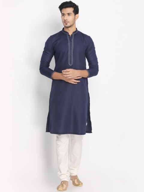 

Manyavar Men Blue & Cream-Coloured Solid Kurta with Churidar