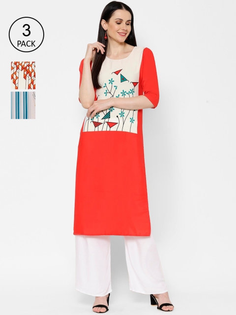 

7Threads Women Multicoloured Set of 3 Printed Straight Kurta, Multi