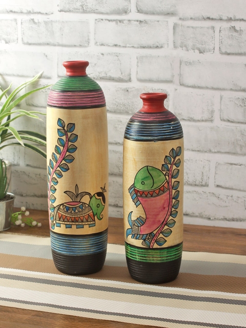 

Aapno Rajasthan Set Of 2 Gold-Toned & Blue Worli Painting Handcrafted Terracotta Vases