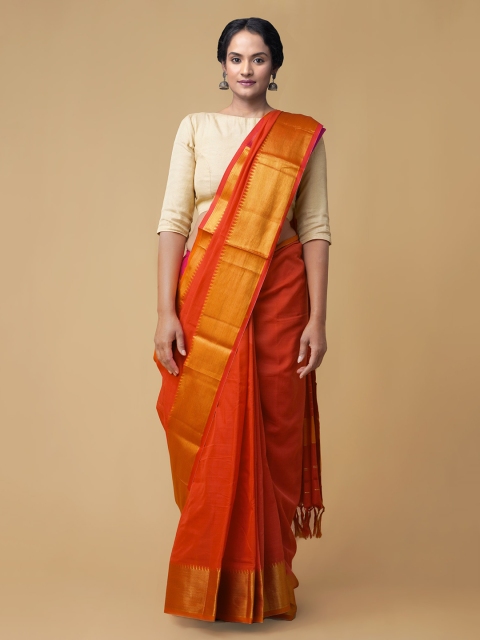 

Unnati Silks Orange Pure Cotton Solid Handloom Narayan Peth Saree