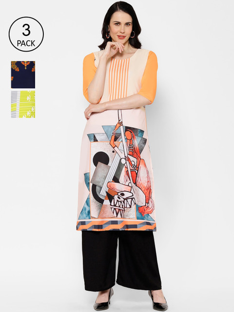 

7Threads Women Pack of 3 Printed Straight Kurta, Multi