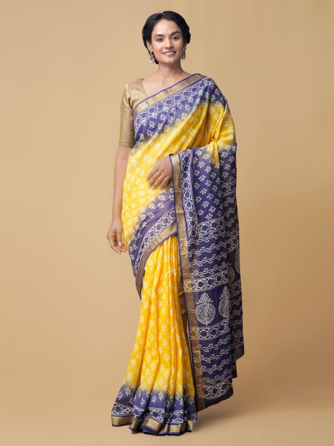 

Unnati Silks Yellow & Blue Pure Cotton Printed Saree