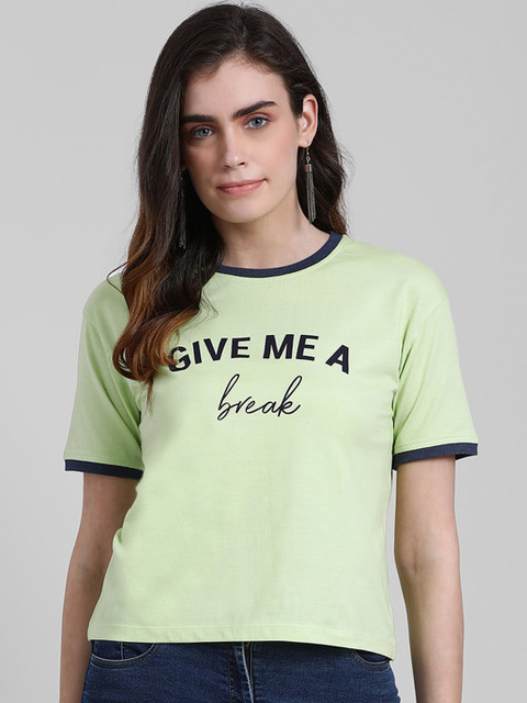

Zink London Women Lime Green Printed Round Neck Pure Cotton T-shirt