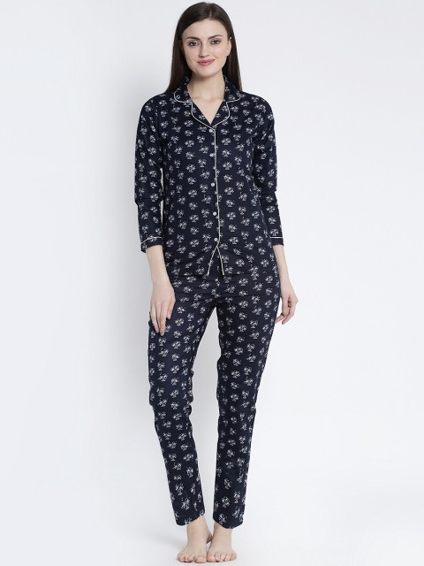 

MAXENCE Women Navy Blue & White Printed Night Suit
