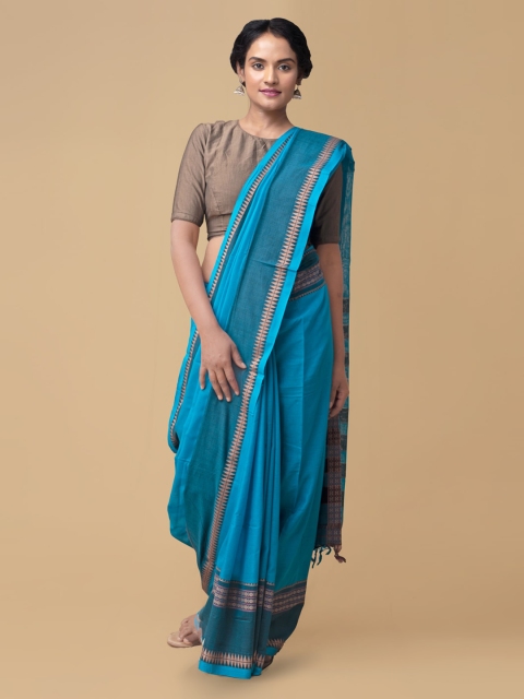 

Unnati Silks Blue Pure Cotton Solid Handloom Narayan Peth Saree