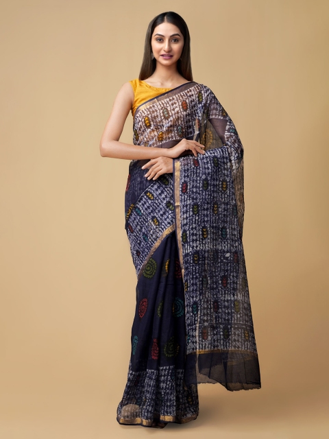 

Unnati Silks Navy Blue Pure Cotton Printed Kota Saree