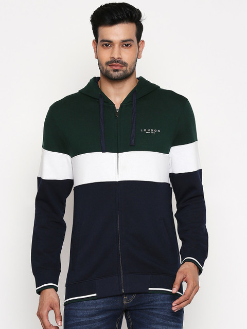 

BYFORD by Pantaloons Men Green & Navy Blue Colourblocked Hooded Sweatshirt
