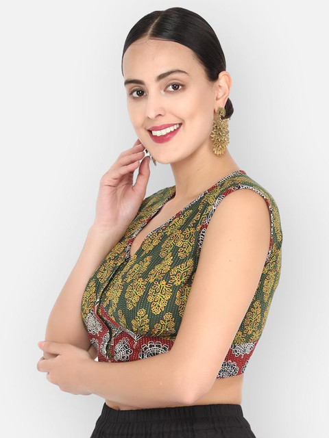 

Molcha Women Green & Yellow Ajrak Printed Non-Padded Handcrafted Readymade Saree Blouse