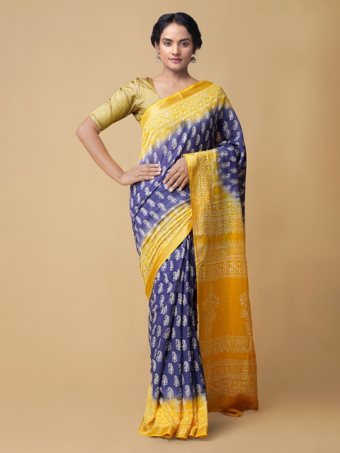 Unnati Silks Blue & Yellow Pure Cotton Printed Saree