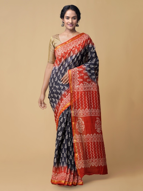 

Unnati Silks Grey & Orange Pure Cotton Printed Saree