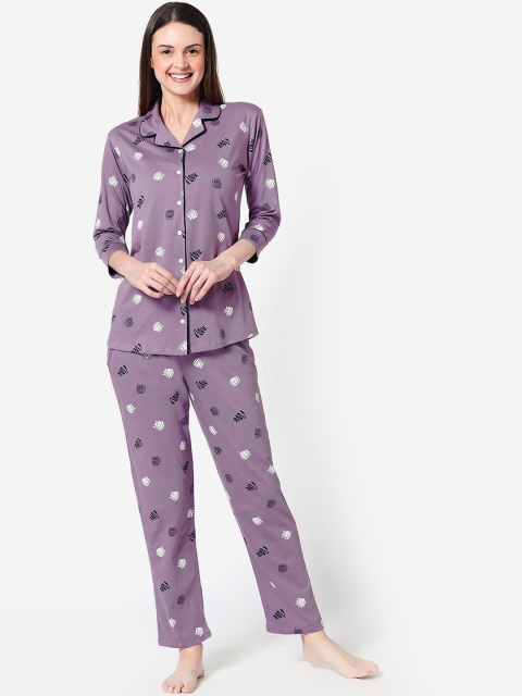 

Zeyo Women Purple & White Printed Night Suit