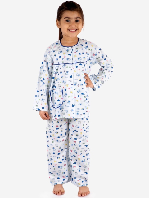 

KID1 Girls White & Blue Printed Night Suit