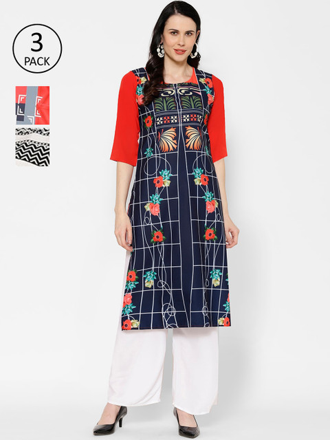 

7Threads Women Multicoloured Set of 3 Printed Straight Kurta, Multi