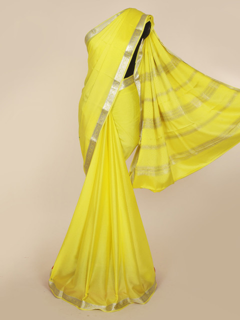 

Pothys Yellow & Silver-Toned Pure Silk Woven Design Mysore Silk Saree