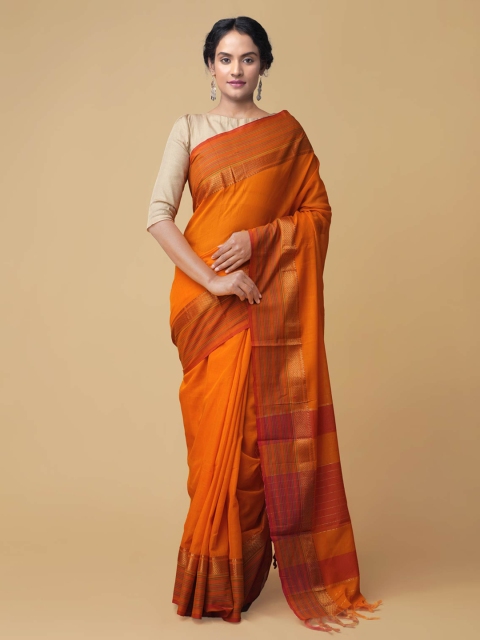 

Unnati Silks Orange Pure Cotton Solid Handloom Narayan Peth Saree