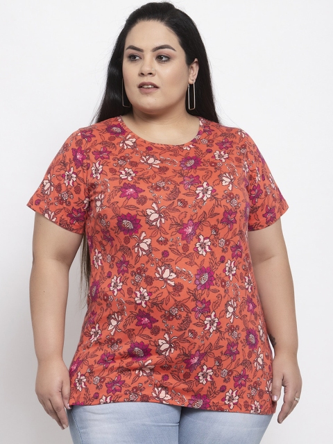 

plusS Women Orange Printed Round Neck T-shirt