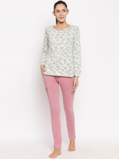 

XIN Women Off White & Pink Floral-Print Night Suit