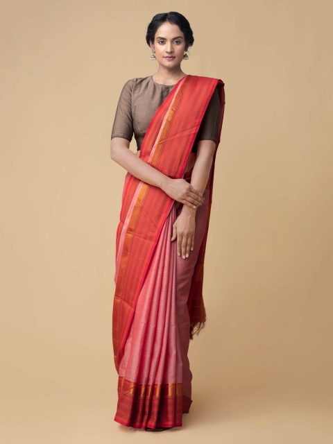 

Unnati Silks Red Pure Cotton Striped Handloom Narayan Peth Saree