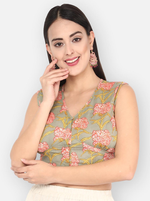 

Molcha Women Green & Pink Floral Printed Non-Padded Handcrafted Saree Blouse
