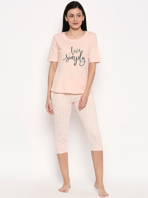 

XIN Women Peach-Colored & White Printed Night Suit
