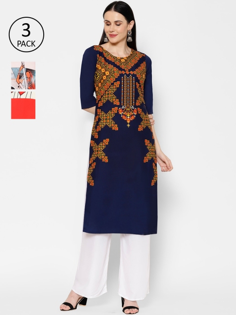 

7Threads Women Multicoloured Set of 3 Printed Straight Kurta, Multi