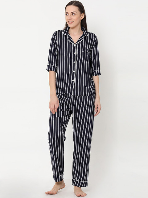 

Sweet Dreams Women Black & White Striped Night Suit