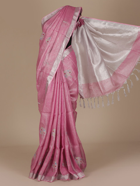 

Pothys Pink & Silver-Toned Pure Linen Woven Design Saree