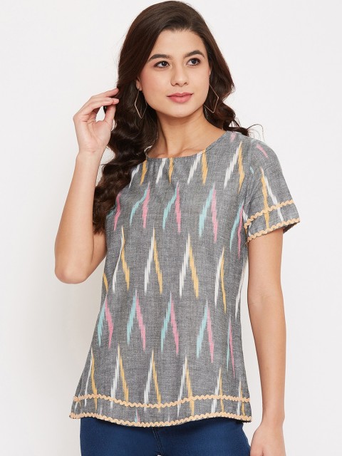 

Ruhaans Women Grey Printed A-Line Pure Cotton Top