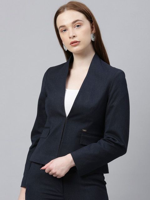 

Park Avenue Woman Navy Blue Solid Single-Breasted Blazer