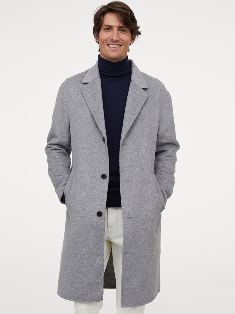

H&M Men Grey Solid Wool-Blend Coat