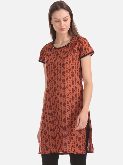 

Karigari Women Brown & Red Printed Straight Kurta